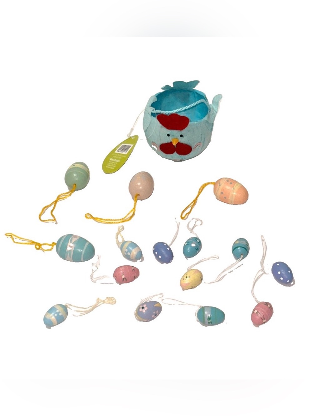 World Market Easter Blue Chicken Crepe Paper Basket & 14 Wooden Egg Ornaments